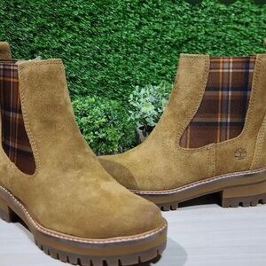 Timberland  Courmayer Tan Suede Chelsea Booties with Plaid Insets